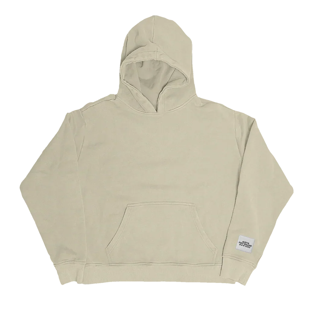 Beige Post Malone Austin streetwear hoodie shown plain with a small woven label at the hem