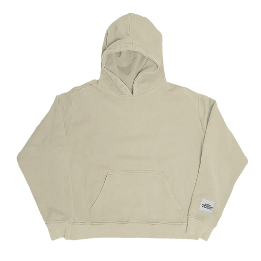 Beige Post Malone Austin streetwear hoodie shown plain with a small woven label at the hem