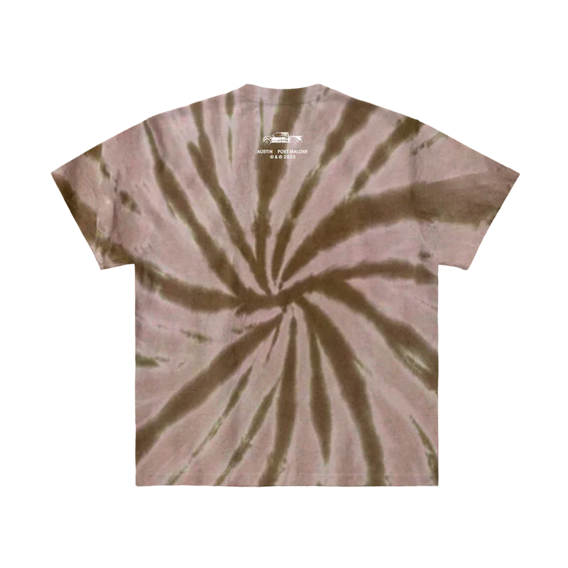 Brown tie-dye Post Malone Austin tee back with a swirl dye pattern and small centre lettering