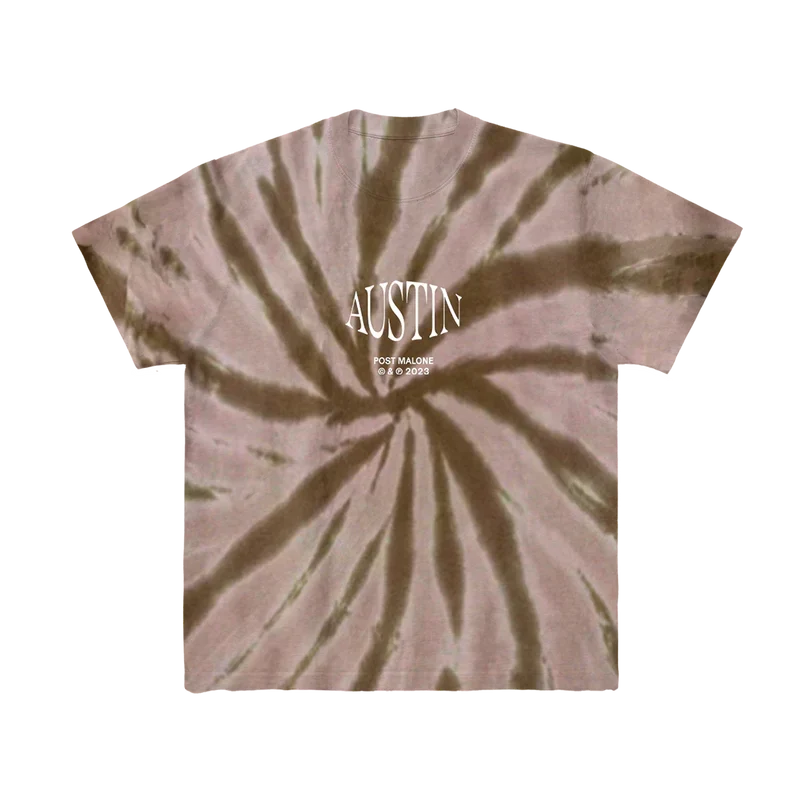 Brown tie-dye Post Malone Austin tee with white Austin album lettering over a spiral dye pattern