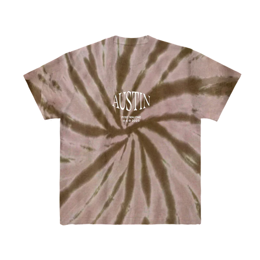 Brown tie-dye Post Malone Austin tee with white Austin album lettering over a spiral dye pattern