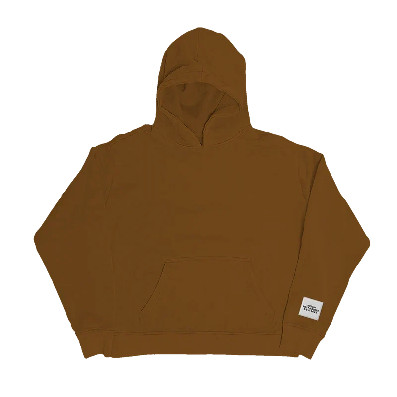 Brown Post Malone Austin clay streetwear hoodie shown plain with a small woven label at the hem