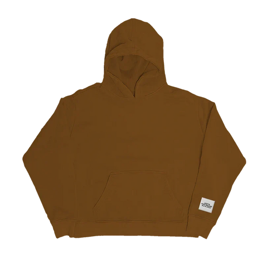 Brown Post Malone Austin clay streetwear hoodie shown plain with a small woven label at the hem