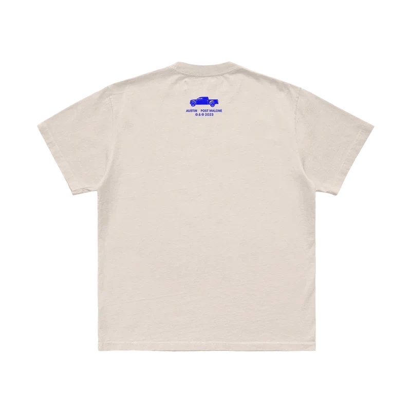 Cream Post Malone Austin tee back with a small blue album logo printed below the collar seam