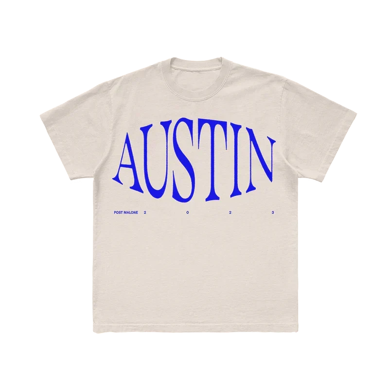 Cream Post Malone Austin tee with large blue arched Austin album lettering across the chest