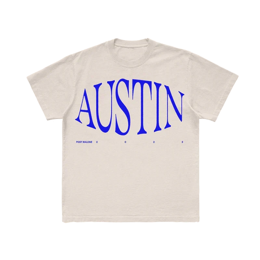 Cream Post Malone Austin tee with large blue arched Austin album lettering across the chest