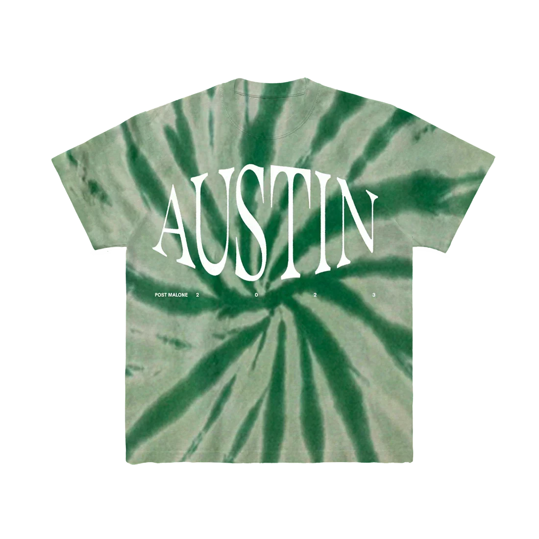 Green tie-dye Post Malone Austin tee with white Austin album lettering over a swirl dye pattern