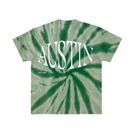 Green tie-dye Post Malone Austin tee with white Austin album lettering over a swirl dye pattern