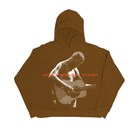 Brown Post Malone Austin hoodie back with a photo of him playing guitar and album lettering