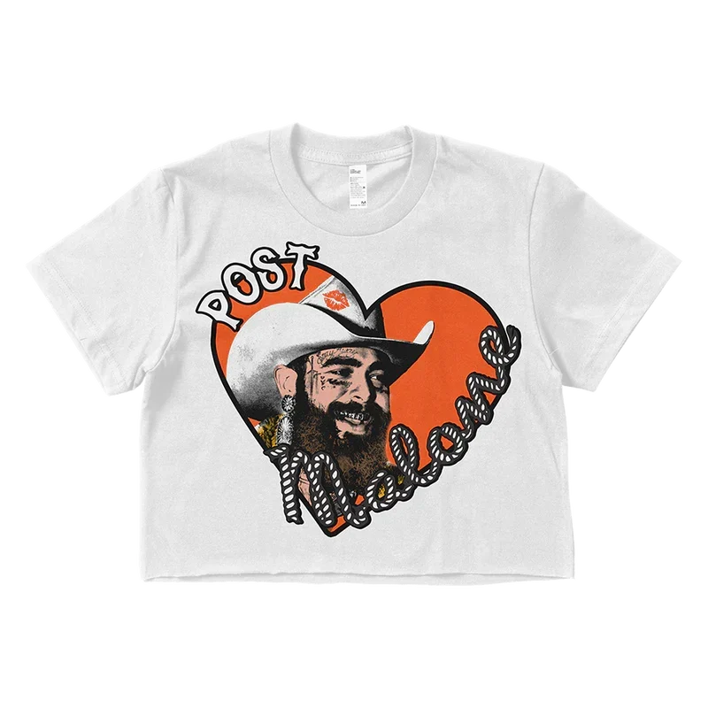 White Post Malone Big Ass Stadium Tour crop top with an orange heart and cowboy hat portrait