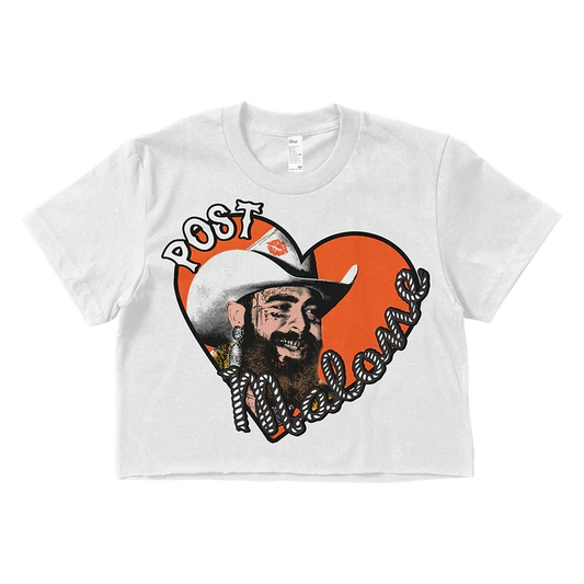White Post Malone Big Ass Stadium Tour crop top with an orange heart and cowboy hat portrait