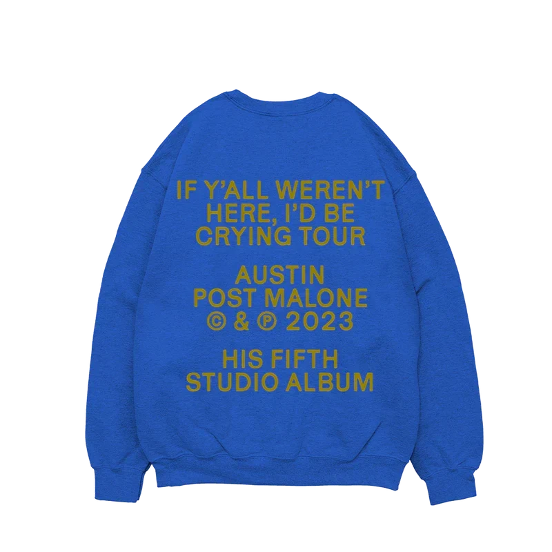 Royal blue Post Malone Austin crewneck back with gold Crying Tour and fifth studio album lettering