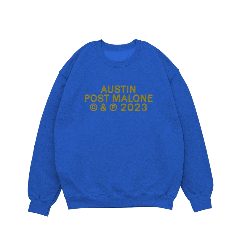 Royal blue Post Malone Austin crewneck with gold album lettering printed on the chest front