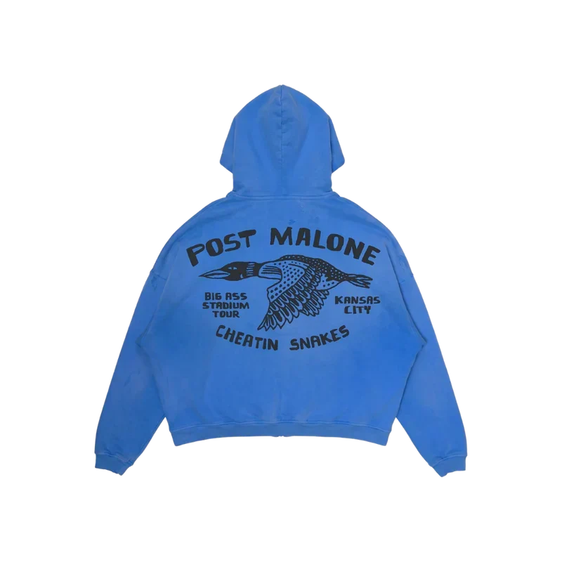 Blue Post Malone x Cheatin Snakes zip hoodie back with flying bird artwork and Kansas City tour text