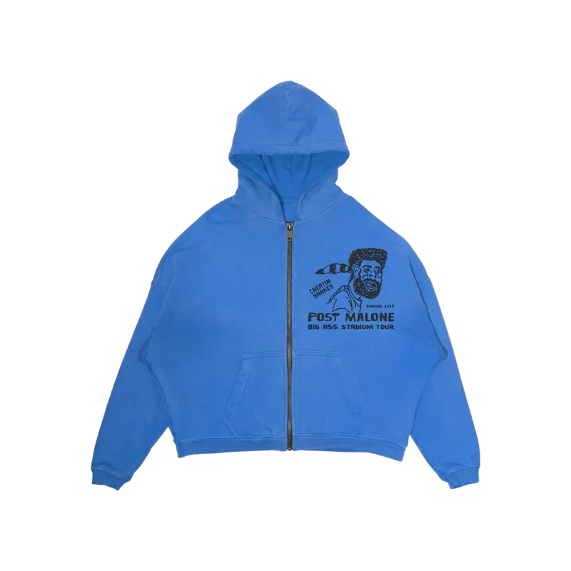 Blue Post Malone x Cheatin Snakes zip-up hoodie with a small embroidered portrait graphic on the chest
