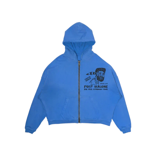 Blue Post Malone x Cheatin Snakes zip-up hoodie with a small embroidered portrait graphic on the chest