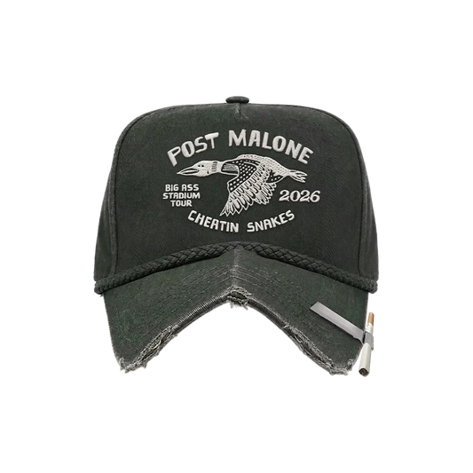 Distressed dark green Post Malone x Cheatin Snakes hat with white 2026 tour embroidery and rope trim