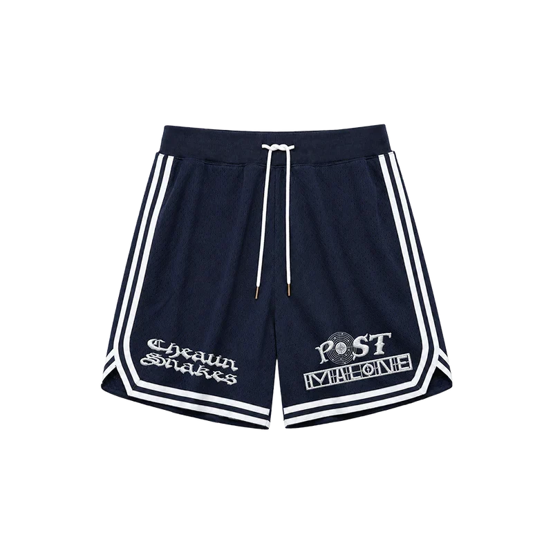 Navy Post Malone x Cheatin Snakes mesh shorts with white side piping and embroidered logo lettering