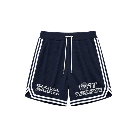 Navy Post Malone x Cheatin Snakes mesh shorts with white side piping and embroidered logo lettering