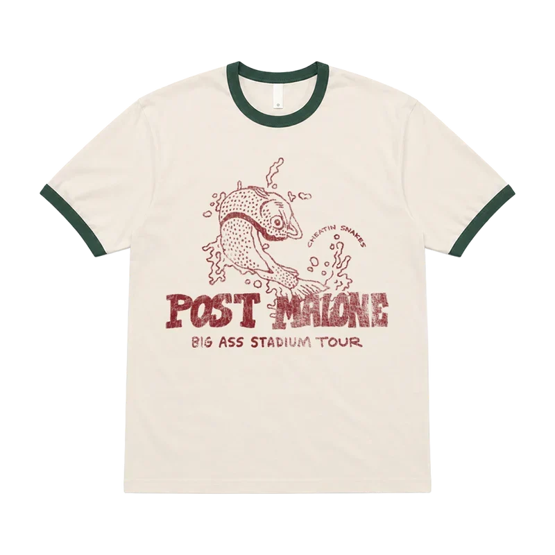 Cream Post Malone x Cheatin Snakes ringer tee with green trim and a red fish stadium tour graphic