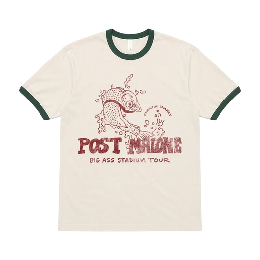 Cream Post Malone x Cheatin Snakes ringer tee with green trim and a red fish stadium tour graphic