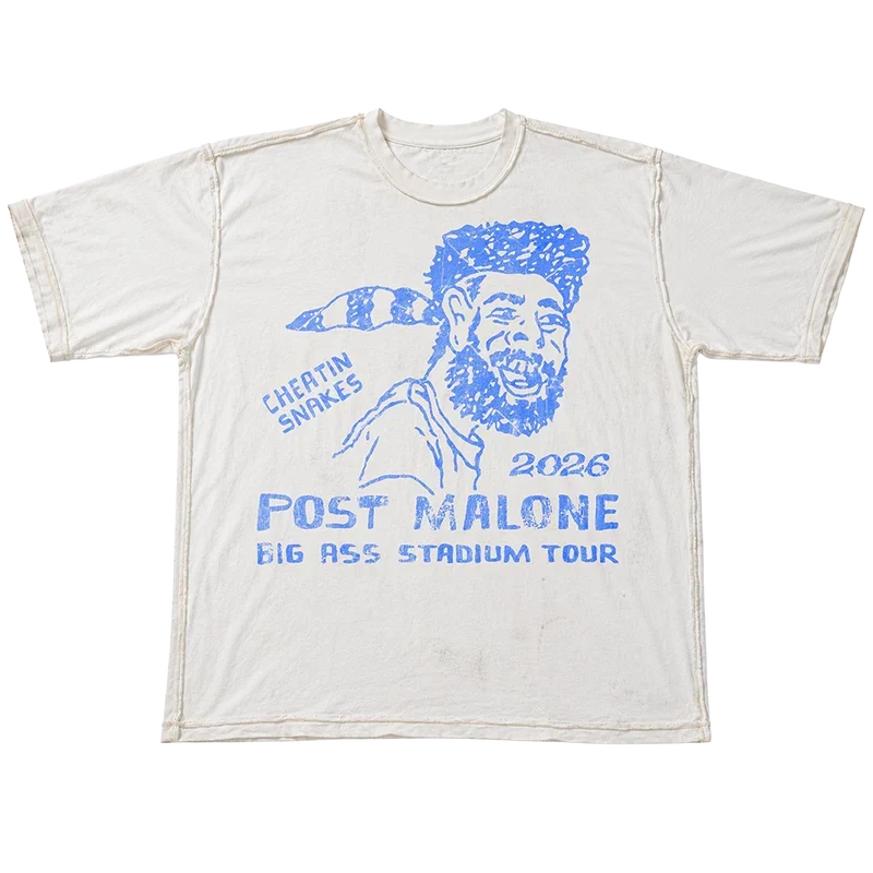 Vintage cream Post Malone x Cheatin Snakes tee with a blue line-drawn portrait and 2026 tour lettering
