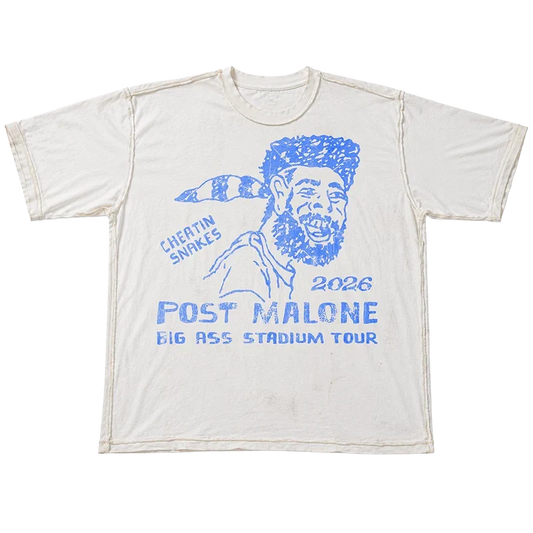 Vintage cream Post Malone x Cheatin Snakes tee with a blue line-drawn portrait and 2026 tour lettering