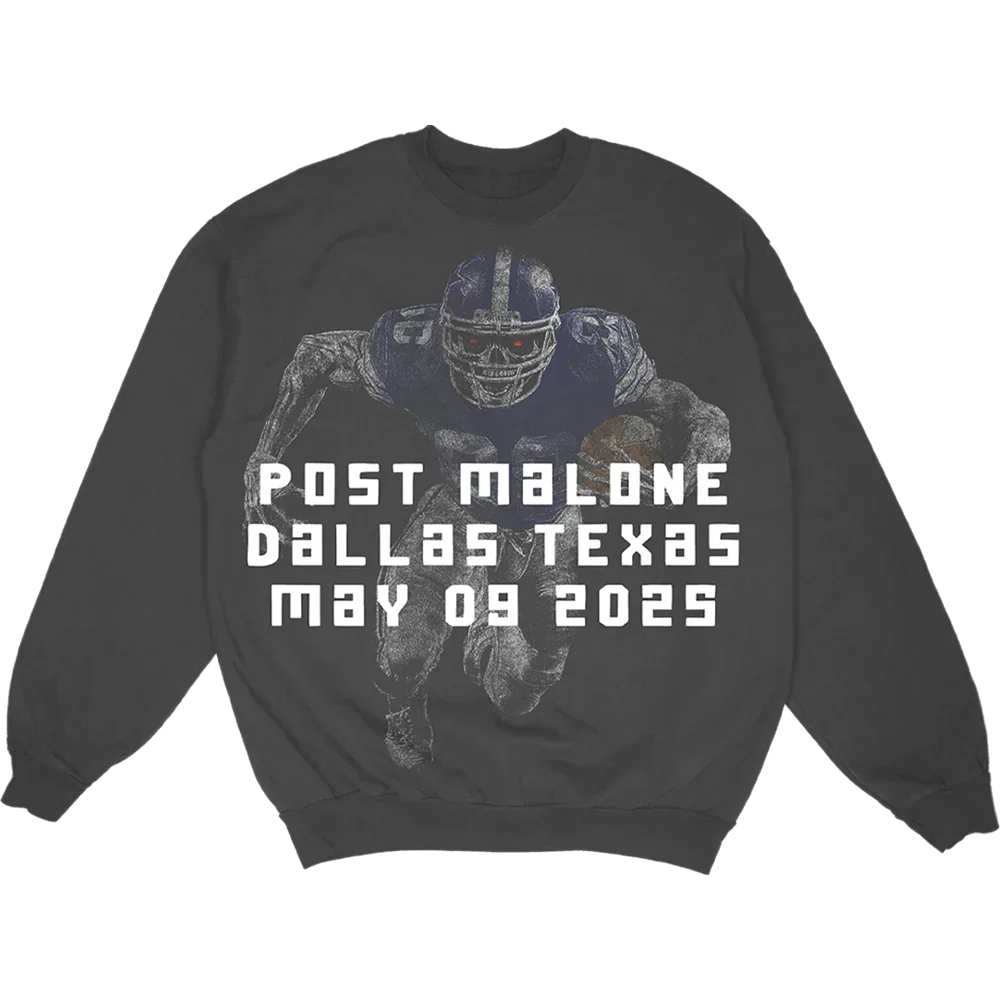 Charcoal Post Malone x Dallas Cowboys crewneck with a faded football photo and Dallas Texas 2025 text