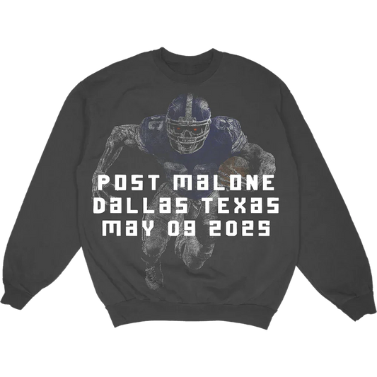 Charcoal Post Malone x Dallas Cowboys crewneck with a faded football photo and Dallas Texas 2025 text