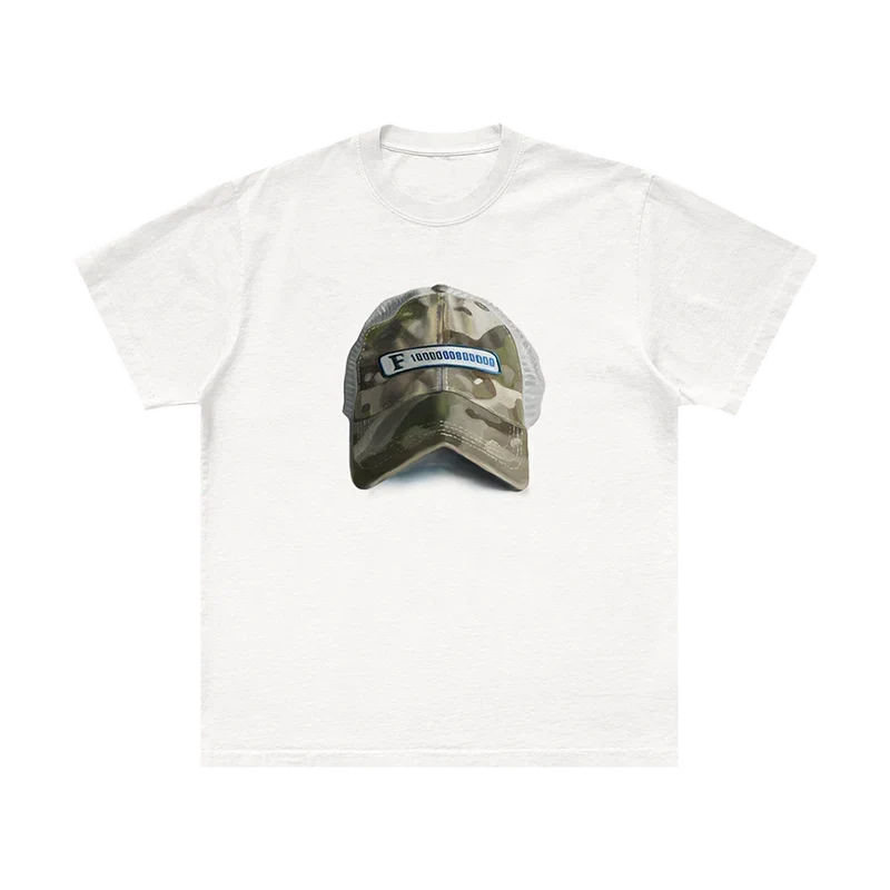 White Post Malone emblem hat painting tee with a painted camo cap graphic on the centre chest