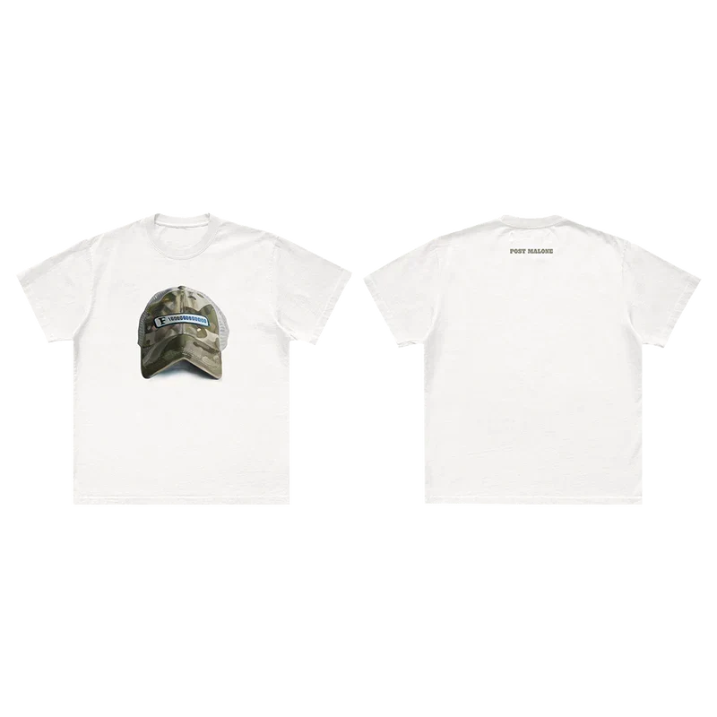 White Post Malone emblem hat painting tee shown front and back with a painted camo cap graphic