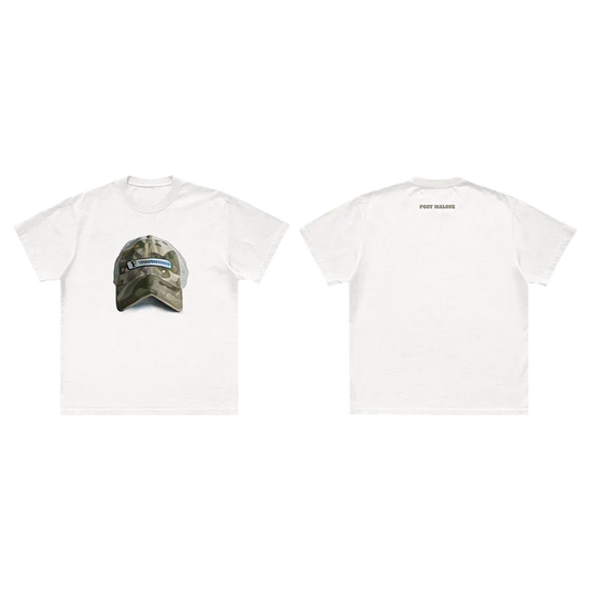 White Post Malone emblem hat painting tee shown front and back with a painted camo cap graphic