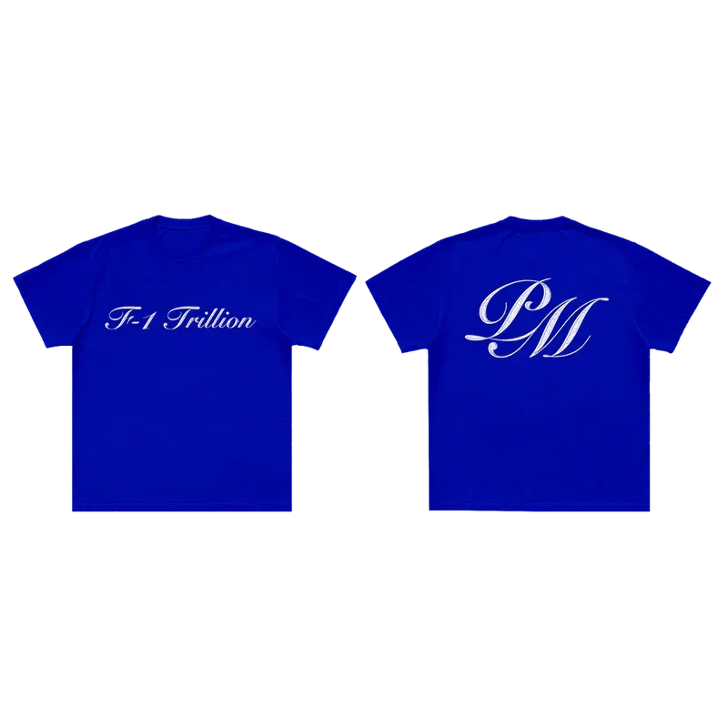 Royal blue Post Malone F-1 Trillion tee shown front and back with script and PM monogram prints