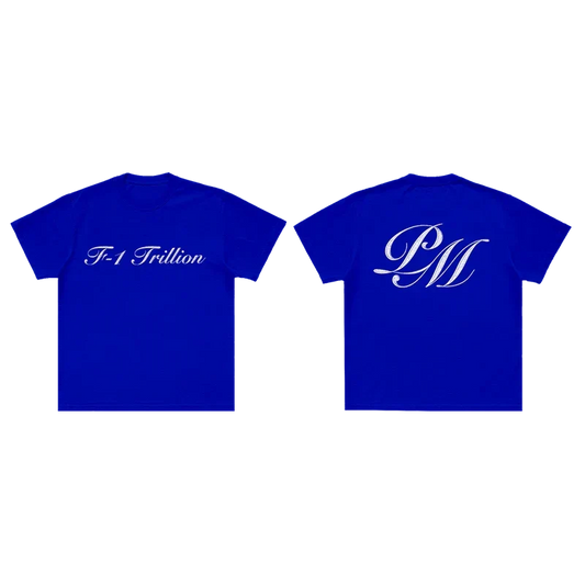 Royal blue Post Malone F-1 Trillion tee shown front and back with script and PM monogram prints