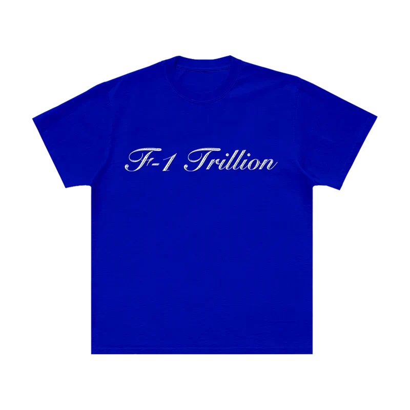 Royal blue Post Malone F-1 Trillion tee with white script F-1 Trillion lettering across the chest