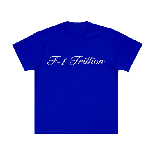 Royal blue Post Malone F-1 Trillion tee with white script F-1 Trillion lettering across the chest
