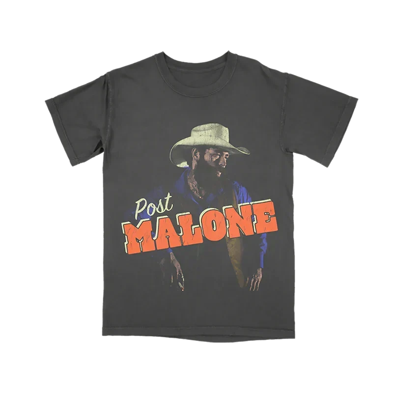 Charcoal Post Malone F-1 Trillion photo tee with a straw cowboy hat portrait and orange lettering
