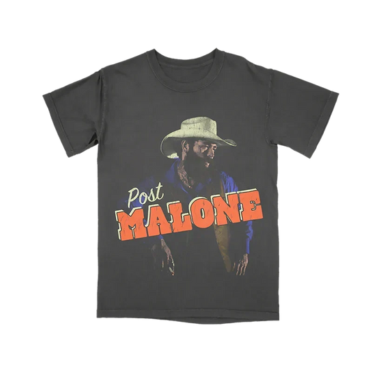 Charcoal Post Malone F-1 Trillion photo tee with a straw cowboy hat portrait and orange lettering