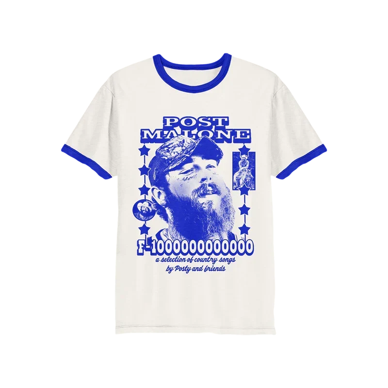 Cream Post Malone F-1 Trillion ringer tee with blue trim and a country songs collection graphic