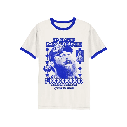 Cream Post Malone F-1 Trillion ringer tee with blue trim and a country songs collection graphic