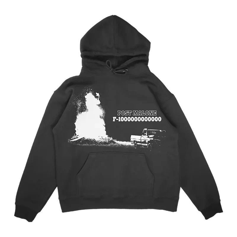 Black Post Malone F-1 Trillion hoodie with a white truck and dust cloud graphic on the chest