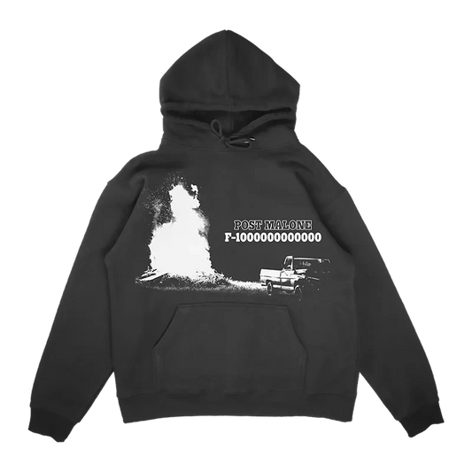 Black Post Malone F-1 Trillion hoodie with a white truck and dust cloud graphic on the chest