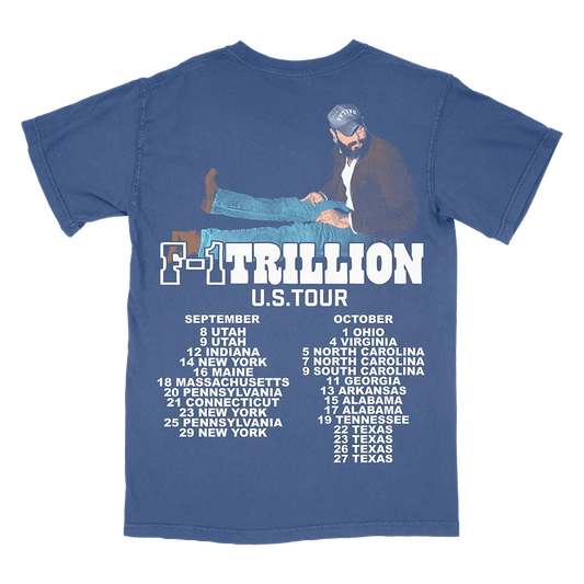 Blue Post Malone F-1 Trillion tour tee back with US tour lettering and September and October dates