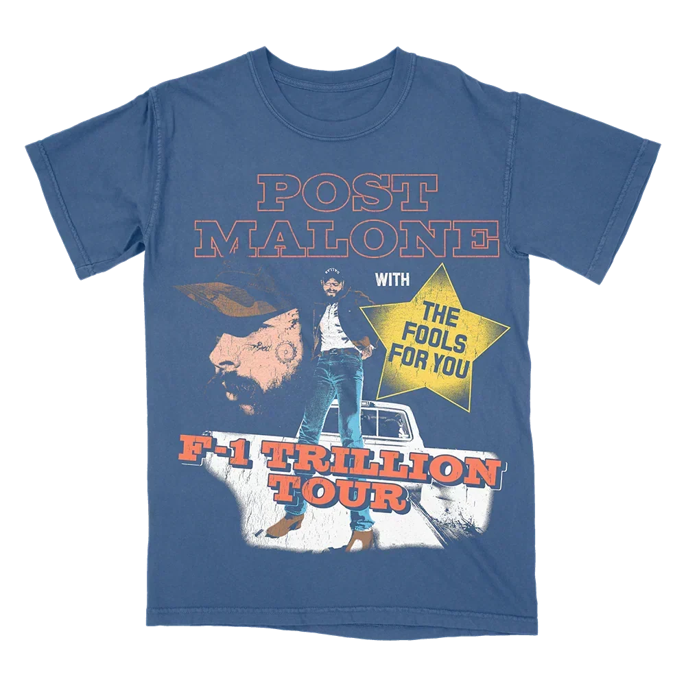 Blue Post Malone F-1 Trillion tour tee with a With The Fools For You illustration and star graphic
