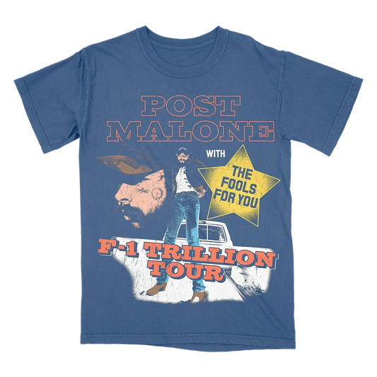 Blue Post Malone F-1 Trillion tour tee with a With The Fools For You illustration and star graphic