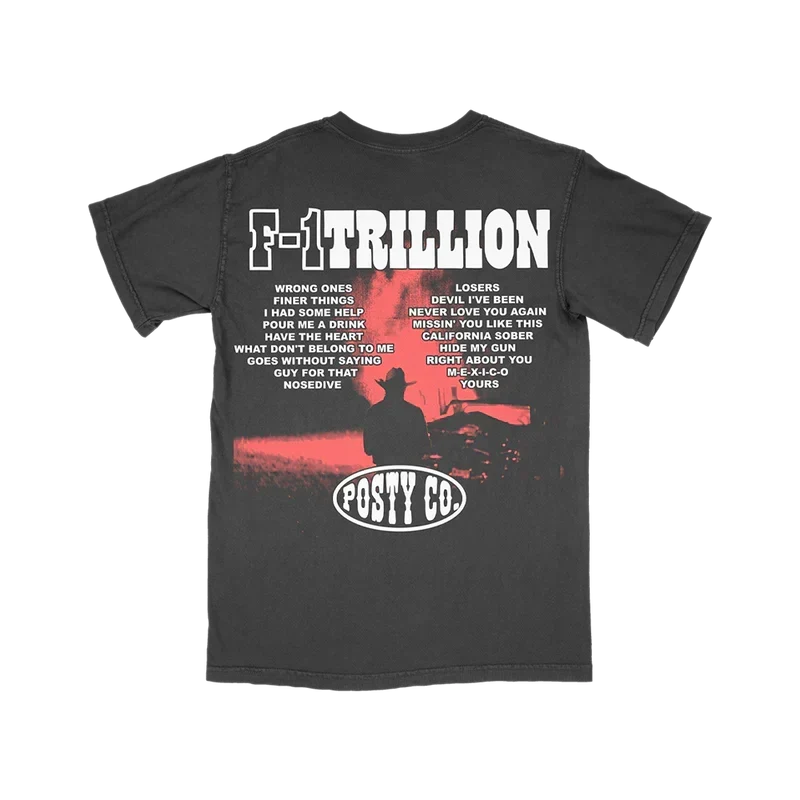 Charcoal Post Malone F-1 Trillion tracklist tee back with the full album track listing and Posty Co