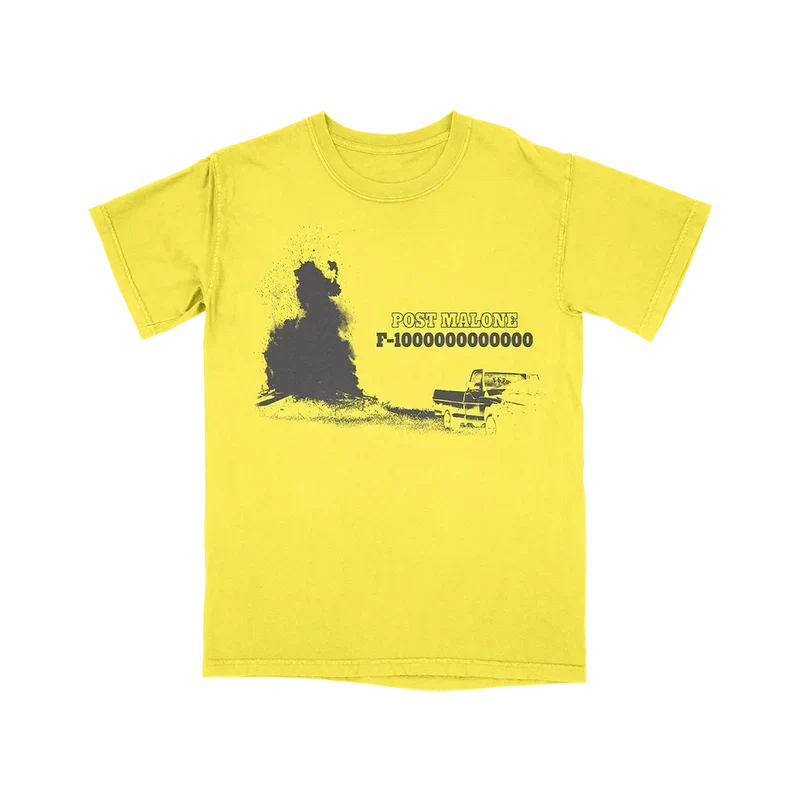 Yellow Post Malone F-1 Trillion tee with a black truck and dust cloud graphic printed on the chest