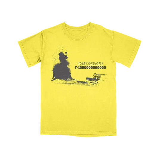 Yellow Post Malone F-1 Trillion tee with a black truck and dust cloud graphic printed on the chest