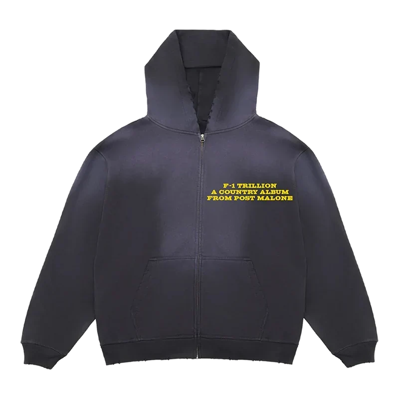 Washed navy Post Malone F-1 Trillion zip hoodie with small yellow country album lettering on the chest