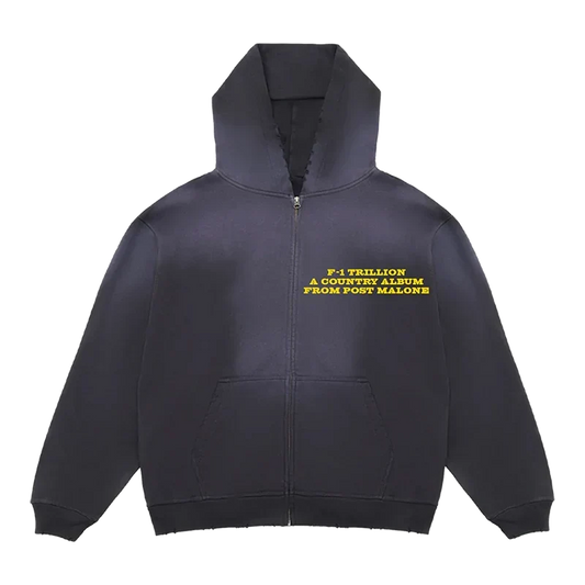 Washed navy Post Malone F-1 Trillion zip hoodie with small yellow country album lettering on the chest
